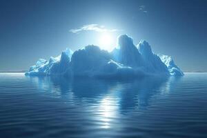 Iceberg with sun reflection in clear blue water. Iceberg and global warming concept. Floating ice in the ocean. Generated by artificial intelligence photo