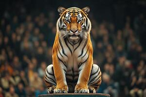 A beautiful adult tiger sits obediently on a pedestal in a circus arena. A tiger in a circus full of spectators in the background. photo