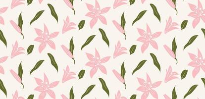 A pattern with pink flowers and leaves vector