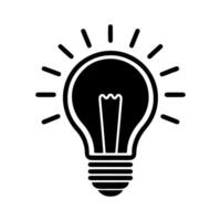Black and white illustration of a light bulb with radiating lines indicating illumination. vector