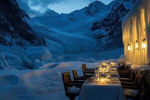 Restaurant in the mountains covered with ice and snow. Wooden tables and chairs near the icy rock. Generated by artificial intelligence photo