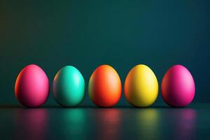 Five Easter colorful eggs on a green background. Minimalistic design of Easter eggs. photo