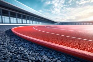 Empty red running track at the stadium in sunny weather. Concept of running, sport, competition. Generated by artificial intelligence photo
