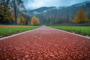 Red running track in open area with great view of mountains on cloudy day photo