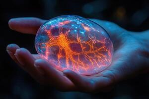 A small embryo of a neural brain with glowing fluorescent dots in a human palm on a dark background. The concept of the emergence of artificial intelligence. photo