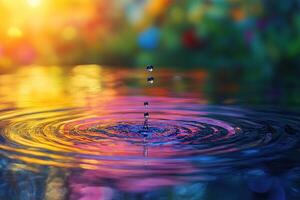 Circles from a drop on colored water. Rainbow colored water ripples. Bright background of water surface photo