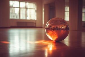 Mirror disco ball lies on the floor in an empty dance studio. Dance lessons concept. photo