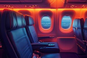 Two empty airplane seats in soft lighting. Dawn in the airplane window. Airplane cabin interior. photo