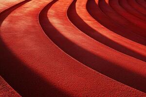 Aerial view of red running tracks as they bend around a corner. photo