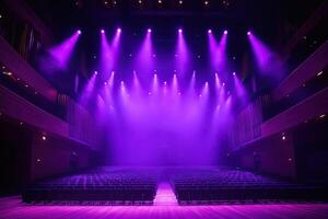 An empty concert hall with empty rows of seats illuminated by neon spotlights. photo