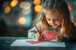 A little girl draws a heart with a red pencil on a white sheet of paper. Generated by artificial intelligence photo