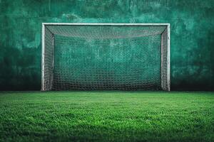 An old football goal with a net stands on the grass near the green wall. Generated by artificial intelligence photo