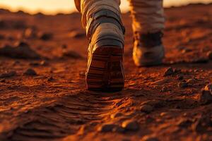 Close-up of astronaut's steps on the surface of the red planet. Concept of exploring other planets. photo