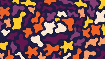 Dynamic abstract fluid background featuring organic shapes in orange, yellow, purple, and dark tones. Perfect for wallpapers, textiles, digital art, branding, and modern graphic design projects. vector