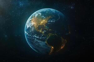 View of planet earth from space showing realistic earth surface and map of north and south america and ocean. Globe in the darkness of space. photo