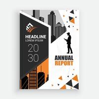 annual report template with a man standing in front of a cityscape vector