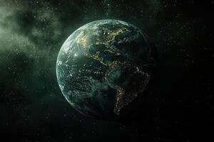 View of planet earth from space showing realistic earth surface and map of north and south america and ocean. Globe in the darkness of space photo