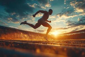 Male athlete running on stadium putting in great effort on bokeh background in evening. Concept of sport, competition. Generated by artificial intelligence photo