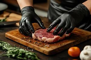 Beef steak with spices on a wooden cutting board and the chef's hands in black gloves. Generated by artificial intelligence photo