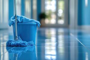 Cleaning. Mop, rag and bucket on a clean floor. Cleanliness maintenance concept. Generated by artificial intelligence photo