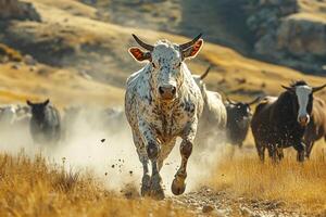 A herd of bulls and cows with horns run into a field raising dust. Generated by artificial intelligence. photo