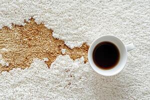 Coffee spilled on white carpet. Top view of a cup of coffee on a white carpet and a large dirty coffee stain nearby. Generated by artificial intelligence photo