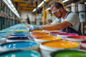 A worker at a paint factory mixes paint. Long rows of tin cans of paint on a conveyor belt photo