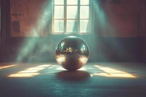 A shiny silver disco ball sits on a wooden floor in front of a window in an empty grunge dance studio. Dance lessons concept. photo