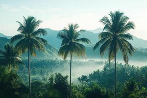 Front view of three tall palm trees against the backdrop of mountains and sky. Beautiful tropical landscape. Generated by artificial intelligence photo