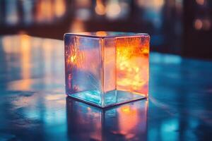 Transparent glass cube on on the table. Transparent background texture with a space for text. photo