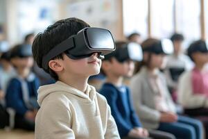 Children experience virtual reality while sitting in the classroom. Asian little boy looking through VR glasses. Generated by artificial intelligence photo