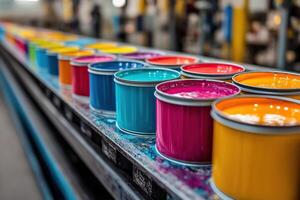 A colorful paint production line with many open tin cans of different colors. Factory for the production of paints. Jars of paint of different colors on a conveyor belt photo
