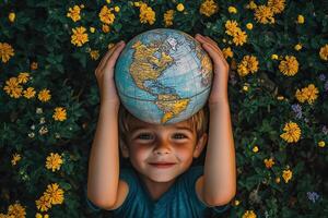 Smiling boy holding globe lying in grass with flowers in park on sunny day. Earth day concept. photo
