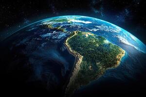 Realistic photo of planet Earth with South America, Andes and Amazon forests in view. Blue space background with stars. Generated by artificial intelligence