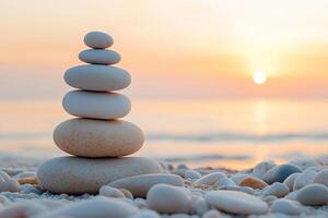 Balance and harmony concept. Stack of smooth white stones on the seashore at sunset. Generated by artificial intelligence photo