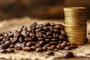 Close-up of a pile of coffee beans and a stack of gold coins on burlap. Concept of rising prices and savings. Generated by artificial intelligence photo