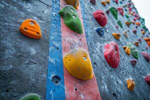 Close-up of climbing wall grips and handles of different shapes and sizes on a grey indoor climbing wall. The grips on the climbing wall are of different colors. photo