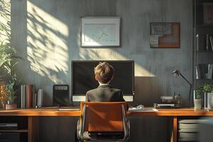 Back view of little business boy in leather chair at desk with computer. Concentrated child working at table in office. Little boss in office. Generated by artificial intelligence photo