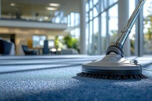 Close-up of a vacuum cleaner on a carpet in an office. Office cleaning service concept. Generated by artificial intelligence photo