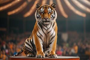 A beautiful adult tiger sits obediently on a pedestal in a circus arena. A tiger in a circus full of spectators in the background photo