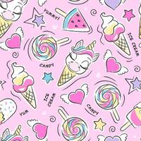 Beautiful pink seamless unicorn pattern. Cute ice cream pattern. Fashion illustration drawing in modern style for clothes. Art vector