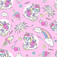 Art. Beautiful pink seamless unicorn pattern. Cute unicorn pattern. Fashion illustration drawing in modern style for clothes. vector
