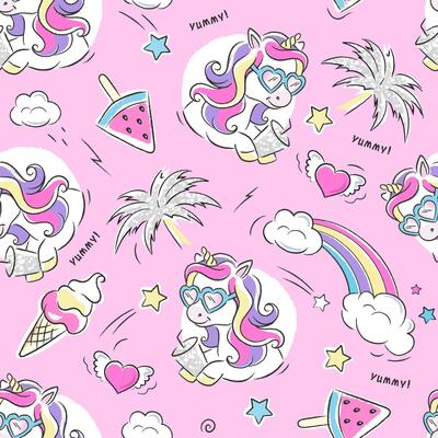 Art. Beautiful pink seamless unicorn pattern. Cute unicorn pattern. Fashion illustration drawing in modern style for clothes.