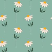 Chamomile seamless pattern. Flower of white daisy on turquoise background. Doodle style. Hand drawn texture. Fabric design. Flat design vector