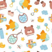 Seamless baby pattern for boys with essentials and toys. Charming print for infants in a playful style. Ideal for wrapping paper, textiles, nursery decor, and baby shower designs. vector