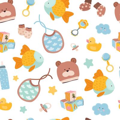 Seamless baby pattern for boys with essentials and toys. Charming print for infants in a playful style. Ideal for wrapping paper, textiles, nursery decor, and baby shower designs.
