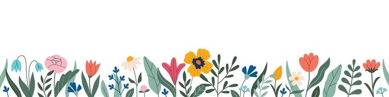 Decorative frame, border, frieze with flowers - poppies, tulips, leaves, lilies, daffodils. . Doodle style. Copy space, design template. Hand drawn spring and summer flowers and foliage vector