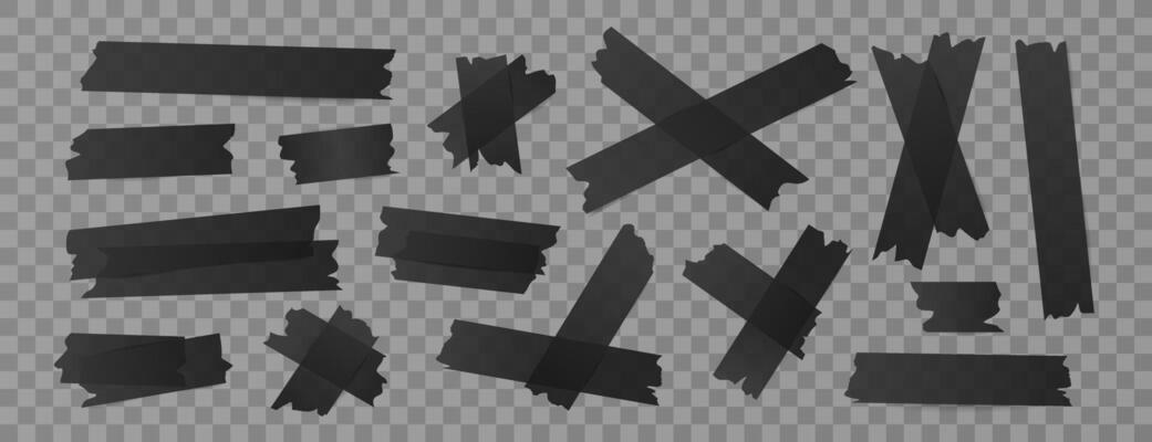 Set of isolated sticky stripes, duct tapes, adhesive notes, stickers. Black elements on background. Torn pieces of papers for collages, school designs, reminders, scrapbooking, collages.