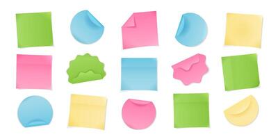 Set of realistic round and square stickers. Isolated blank paper sheets with curved edges on white background. Multicolored elements for notes, mockups, and planners. Various sticker designs. vector