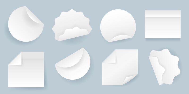 Set of realistic round and square stickers. Isolated blank paper sheets on background. White elements for notes, reminders, memos, mockups, and planners. Various sticker designs.
